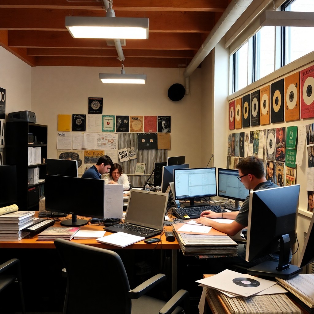 A photo of people working at a record label office.